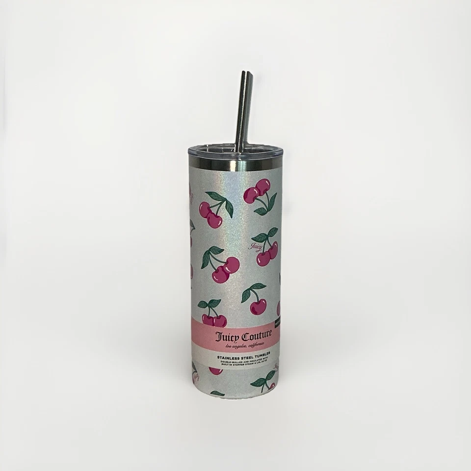 Vaso holográfico de acero inoxidable con pajita Juicy Couture 24 oz cereza Foto 3 de 4