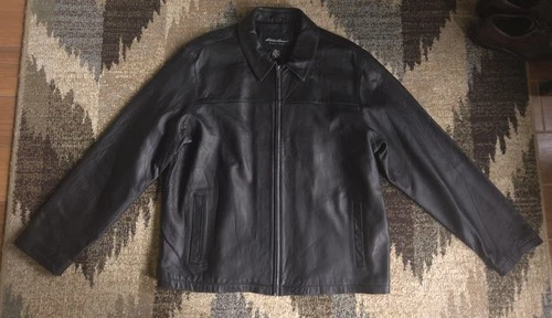 Eddie Bauer Black Lambskin Leather Bomber Jacket Minimalist Lined Men's Size XLT - product listing photo