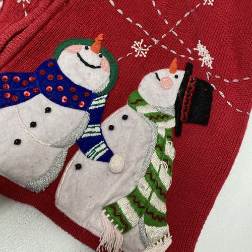 Vtg Christmas Cardigan Sweater Heirloom Collectibles Sz M Snow-men Beads Red Zip - Picture 7 of 24