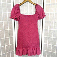 Zara Dress Womens Small Pink Puff Sleeve Smocked Bodycon Mini Resort Girly