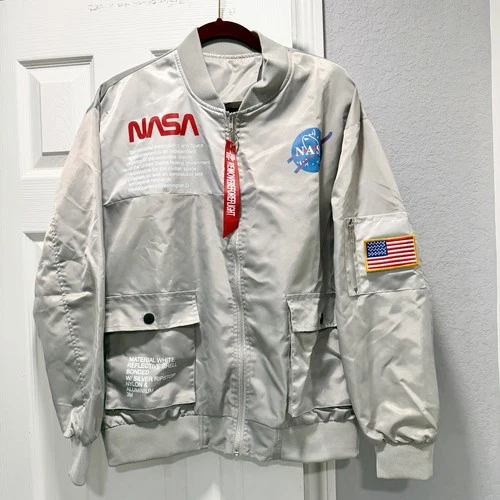 ASSTseries Bomber Jacket NASA Gray Adult Zip Front Windbreaker Size Medium NWOT! video thumbnail