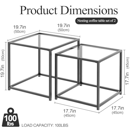  Coffee Table Set of 2, Modern Glass Nesting Table, Metal Frame 19.7" Black