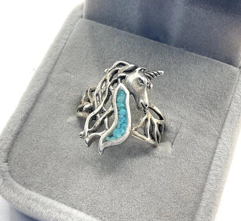 Vintage White Bronze MENS Biker Unicorn Cutout Turquoise Inlay Ring Sz 9 - Image 2 of 4
