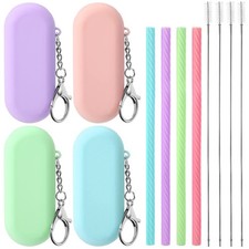 Silicone Straws 4 Pack, Portable With Case, Travel Party, Multicolor