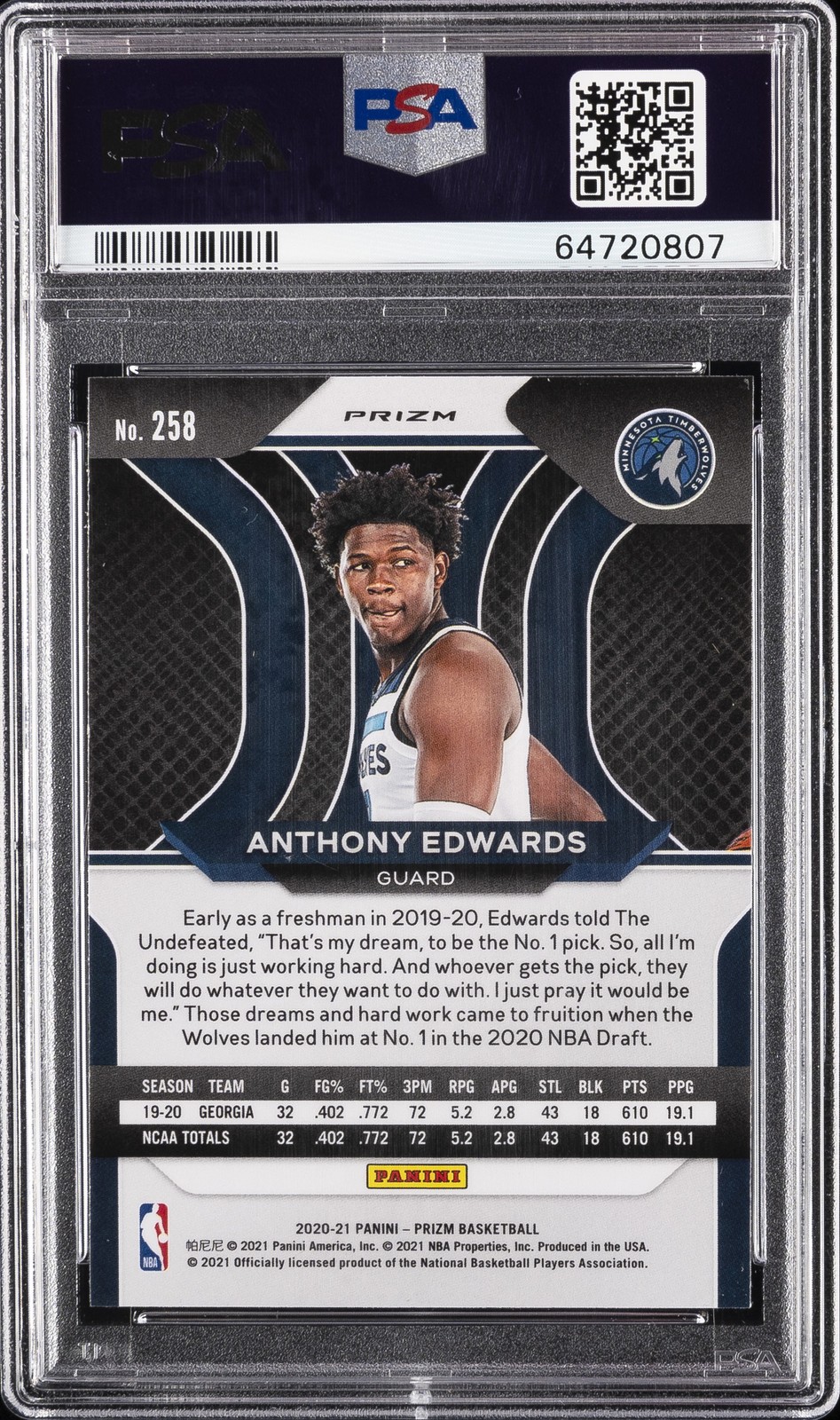 2020 PANINI PRIZM RED/WHITE/BLUE PRIZM #258 ANTHONY EDWARDS ROOKIE RC PSA 10 view 2