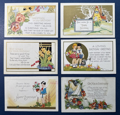 SET 6 Birthday Antique Postcards. EMB, Gold. Children, Scenes, Flowers, Boat
