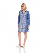 Karen Kane Long Sleeve Border Print Shirtdress Blue