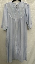 Vtg Miss Elaine Zip Front House Dress Seersucker Blue Stripe Embroidered L EUC