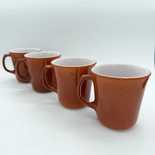 Set 4 Vtg Corning Pyrex Milk Glass Burnt Orange Rust Coffee Cups Mugs D Handle