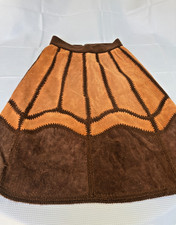 Vintage 70s Patchwork Brown Suede Crochet Rib Knit Leather Vest  Skirt Set Sz L