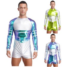 Herren Metallic Bodysuit Astronautenanzug Körperanzug Weltraum Alinie Roboter 
