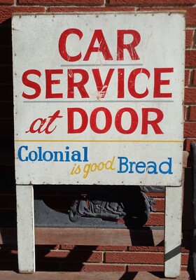 VTG 1960's COLONIAL BREAD Car Service Wood Carhop Sign Soda Gas Oil 24 X 36