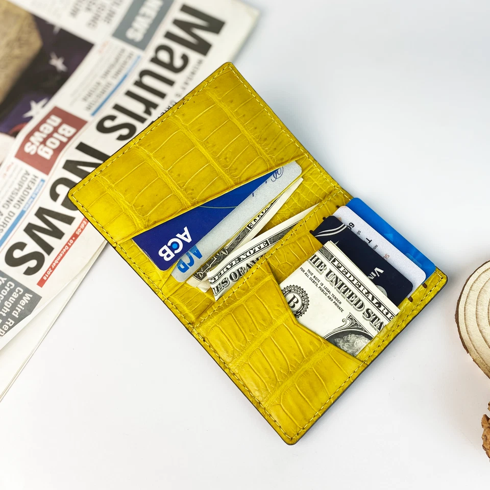 Cartera minimalista delgada de cocodrilo negra/amarilla estuche para tarjetas de crédito de cuero real Foto 4 de 4