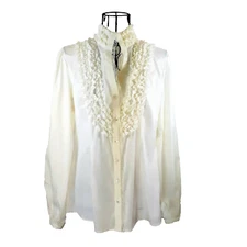 Saks Fifth Avenue Retro Style Ruffled Placket Trim Blouse Sz 2 Pre-Owned Flawed