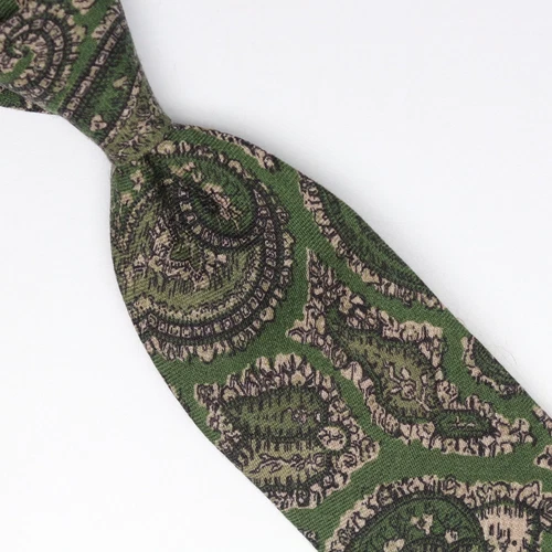 Josiah France Mens Wool Necktie Green Beige Black Paisley Print Soft Woven Tie