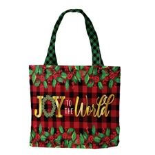 Joy To The World Christmas Canvas Tote Bag Checkered Berries 14.5" x 15"