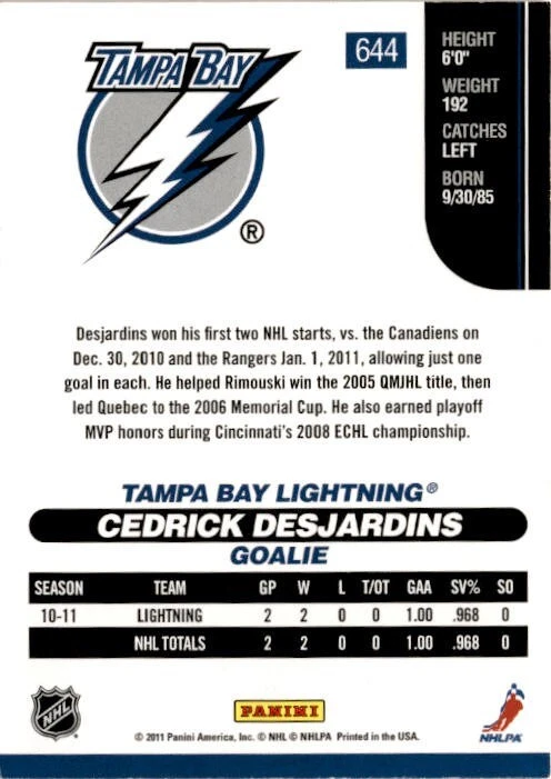 Cedrick Desjardins Tampa Bay Lightning 2010-11 Score Gold RC 644 - Image 2 of 2