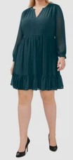Vince Camuto Women's Green Ruffled Long Sleeve Split-Neck Dress Plus Size 3X
