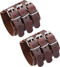Mens Leather Wide Band Handmade Triple Strap Cuff Medieval Wrap Gauntlet Wristba