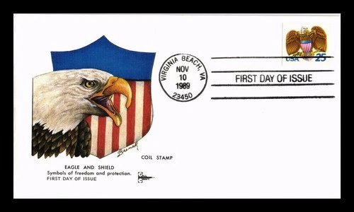 DR JIM STAMPS US COVER EAGLE AND SHIELD 25C COIL FIRST DAY ISSUE GILL CRAFT