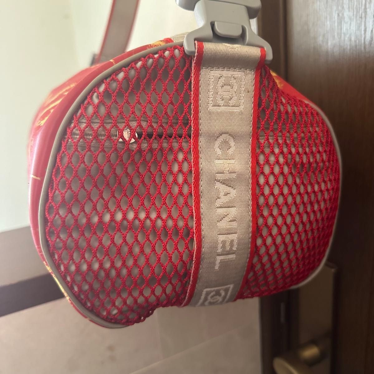 CHANEL Sport Line Duffle Bag Logo Print Nylon Shoulder Travel Red