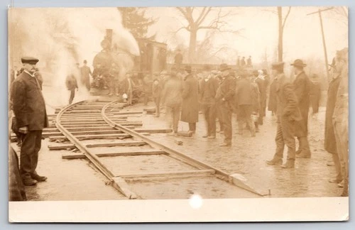 Big Crowd Train Engine Railroad Tracks c1907 Real Photo RPPC