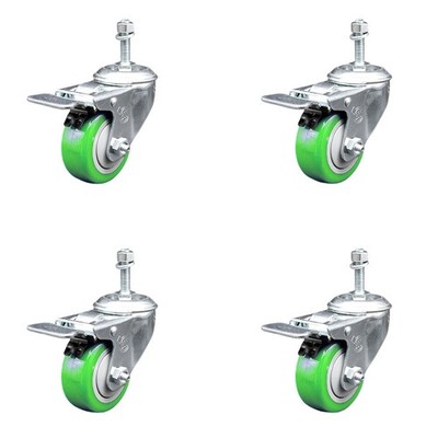 3 Inch Green Polyurethane Swivel 3/8 Inch Stem Caster Set with Total Lock Brake