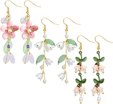 3 Pairs Long Flower Earrings for Women Hypoallergenic Earring Leaf Floral Tassel