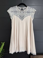IMPRESSIONS Boho Chic Whimsical Lace Detail Babydoll Mini Dress Sz S EUC