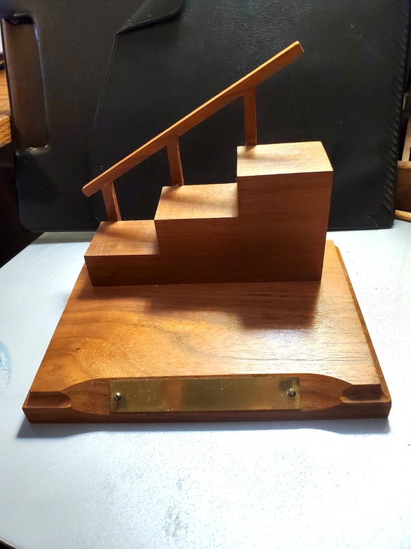 Vintage small wooden Display Stand for Collectibles w/ brass plate on front