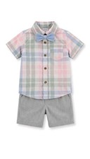 NWT INFANT BOYS CARTER'S BLUE PLAID SHIRT, SHORTS  BOW TIE OUTFIT SIZE 3/6 MO