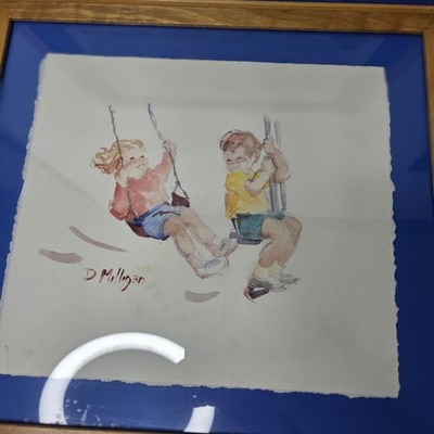 Children Swinging Water Paint Art Print by Dorothy ''Dottie'' Milligan NC Artist