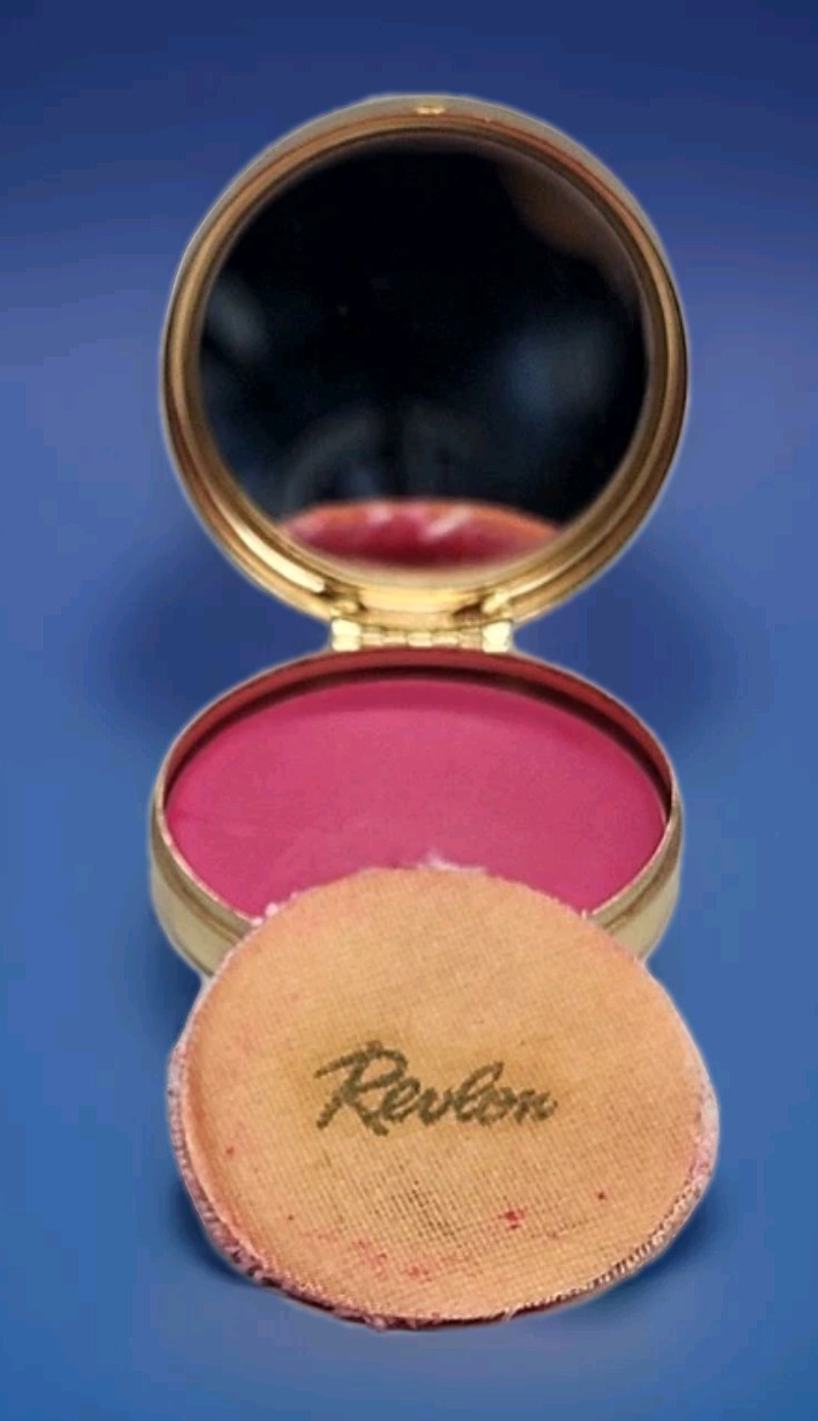 Vintage Revlon Cake Rouge Blush Gold Tone Compact Powder Puff Cherry Pink K52