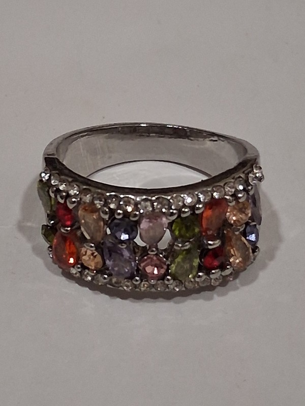 Silvertone Multicolored CZ Cocktail Ring Size 12 With White CZ Accents