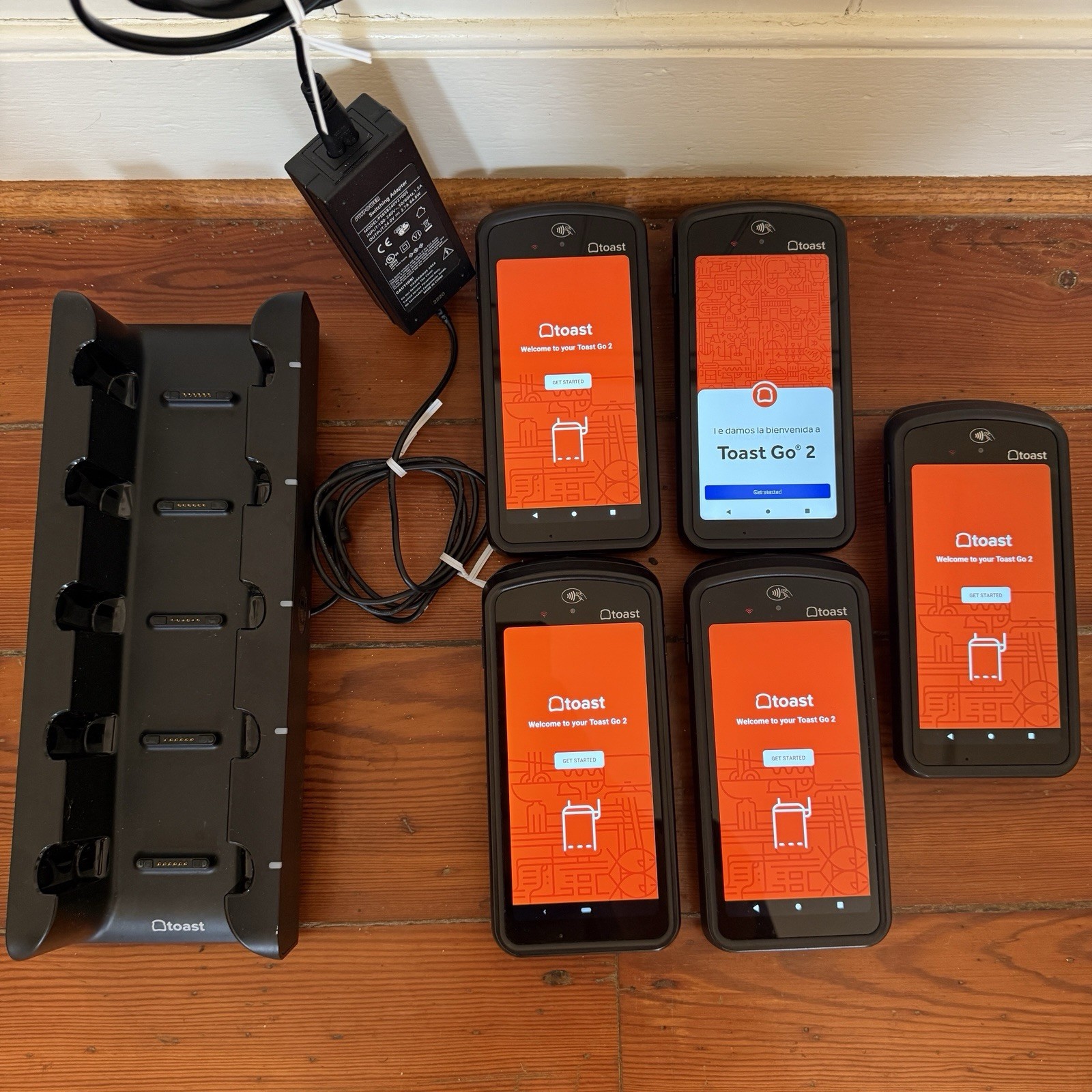 Lot of 5 Toast Go 2 Handheld POS Tablets TG200 with DTC200 Charging Dock