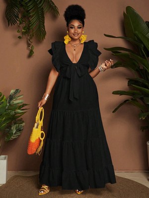 Plus Size Women Solid Color A-Line Tie Bust Casual Vacation Dress | eBay