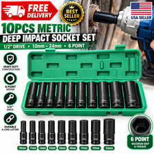 10pcs Metric Deep Impact Socket 1/2" Drive 10mm-24mm 6 Point Sockets Case Set