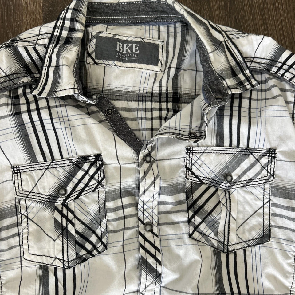 Camisa BKE Para Hombre Grande Negra Blanca Cuadros Perla-A Presión Ligera Ajuste Estándar Foto 2 de 4