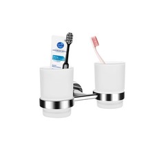 Double Toothbrush Holder, Wall Mounted Glass Tumbler Holder with Frosted Glas...