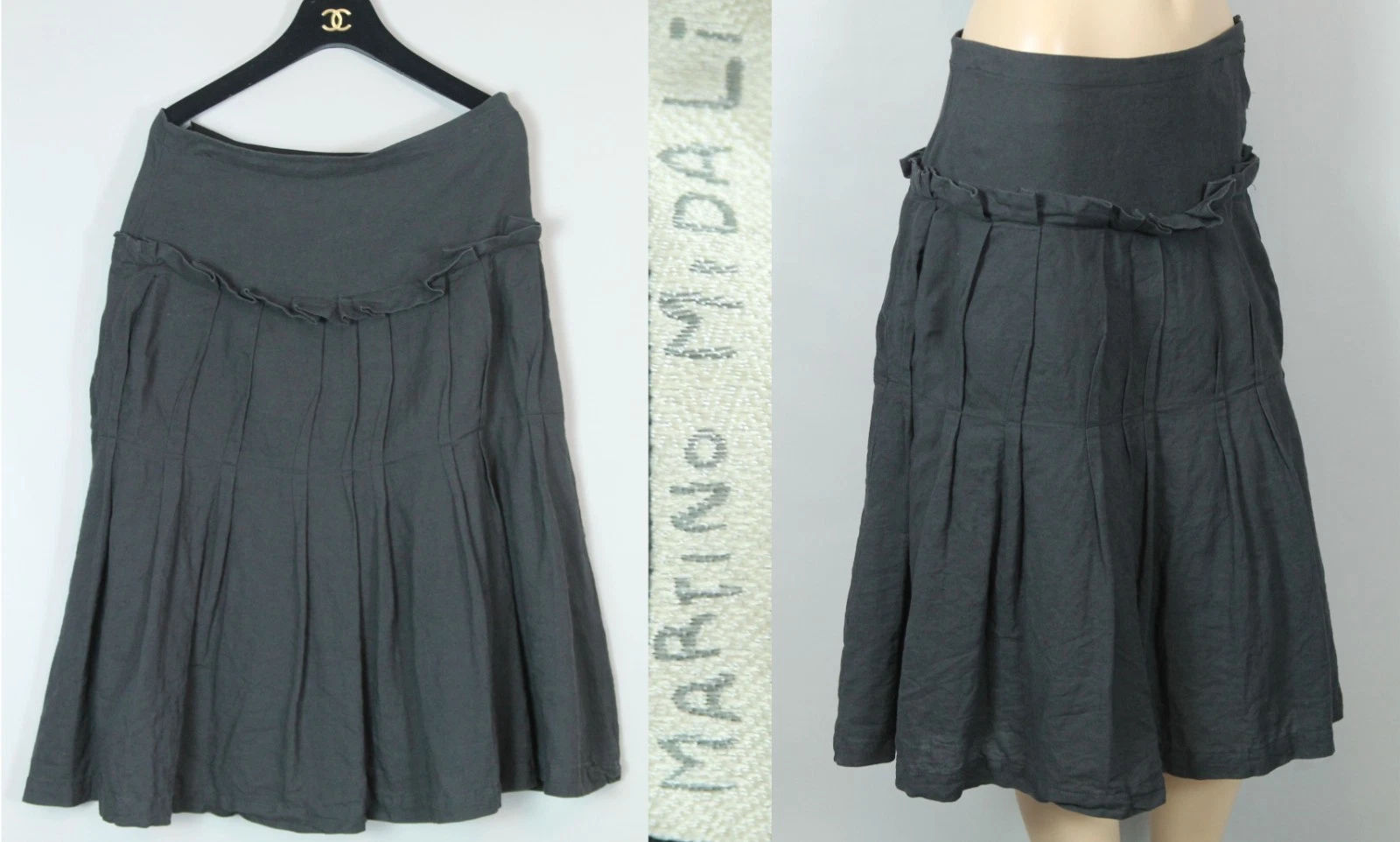 MARTINO MIDALI Italy Black Linen Pleated Flare Knee-Length Skirt S