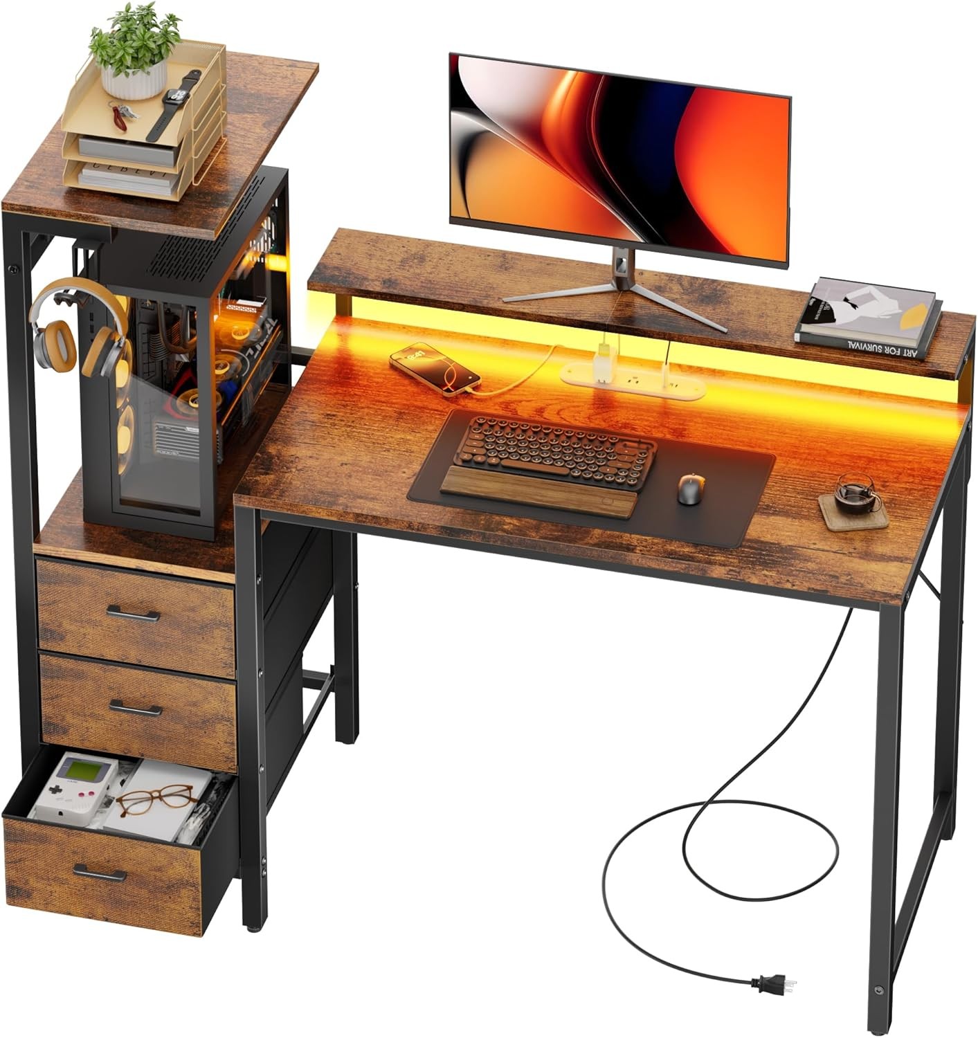 Computer Desk with Led Lights & Drawers, Game Desk with Stand, Gaming Table-image