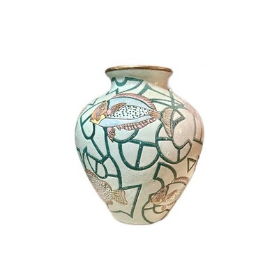 Vintage Asian Decorative Pink And Green Vase With Gold Rim Made In Japan