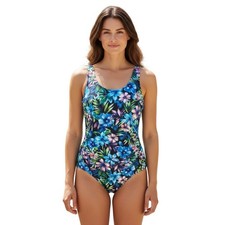 Aquamore One Piece Swimsuit Sz 16 Floral Tropical Print Vacation Beach Poolside
