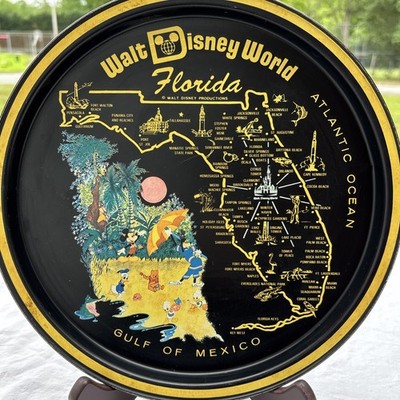 Vintage 70 sWalt Disney World 10-3/4'' Souvenir Tray Metal Tin Plate Florida Map