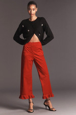 Anthropologie Maeve The Colette Crop Velvet Ruffle-Hem Pants Red Size 24 NWT