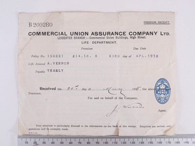 1938 Commercial Union Assurance Leicester Life Insurance Receipt Revenue Stamp