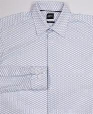 Hugo Boss Blue White Geometric Print Performance Stretch Slim Dress Shirt Small