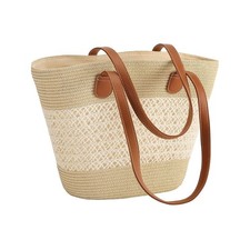 Woven Straw Tote Bag with Tan Leather Straps