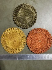 Vintage Set of 3 Woven Rattan Raffia Trivets Hot Pads Boho Decor Set