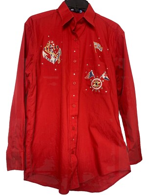 Las Olas Nautical Button Shirt Small Red Embroidered Flags Anchor Rhinestones